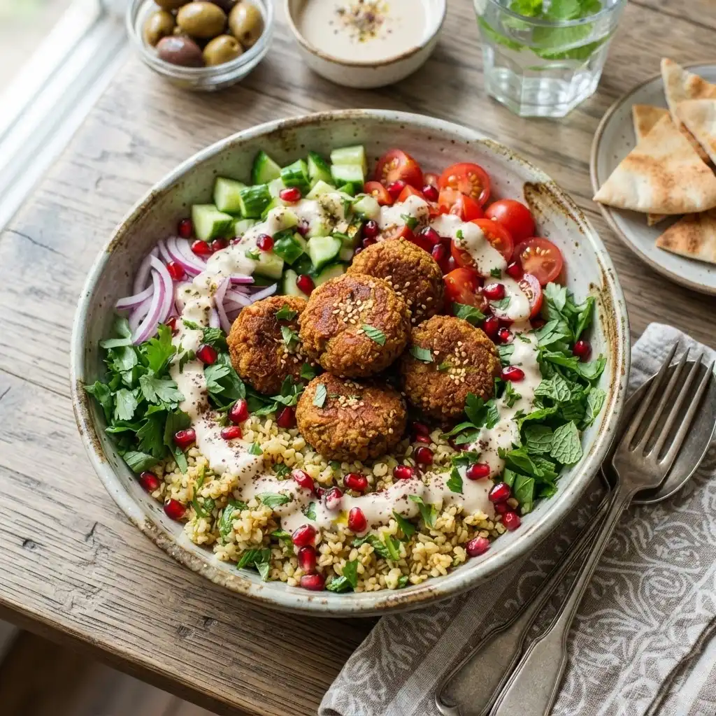 Falafel-Bowl mit Granatapfel und Tahini