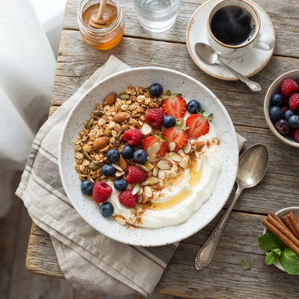 Griechischer Joghurt Bowl mit Müsli und Beeren