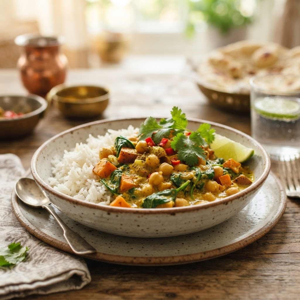 Kichererbsen-Curry mit Kokosmilch und Reis
