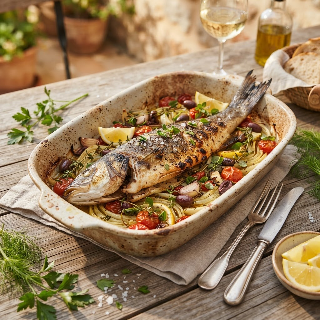 Wolfsbarsch mediterran aus dem Ofen